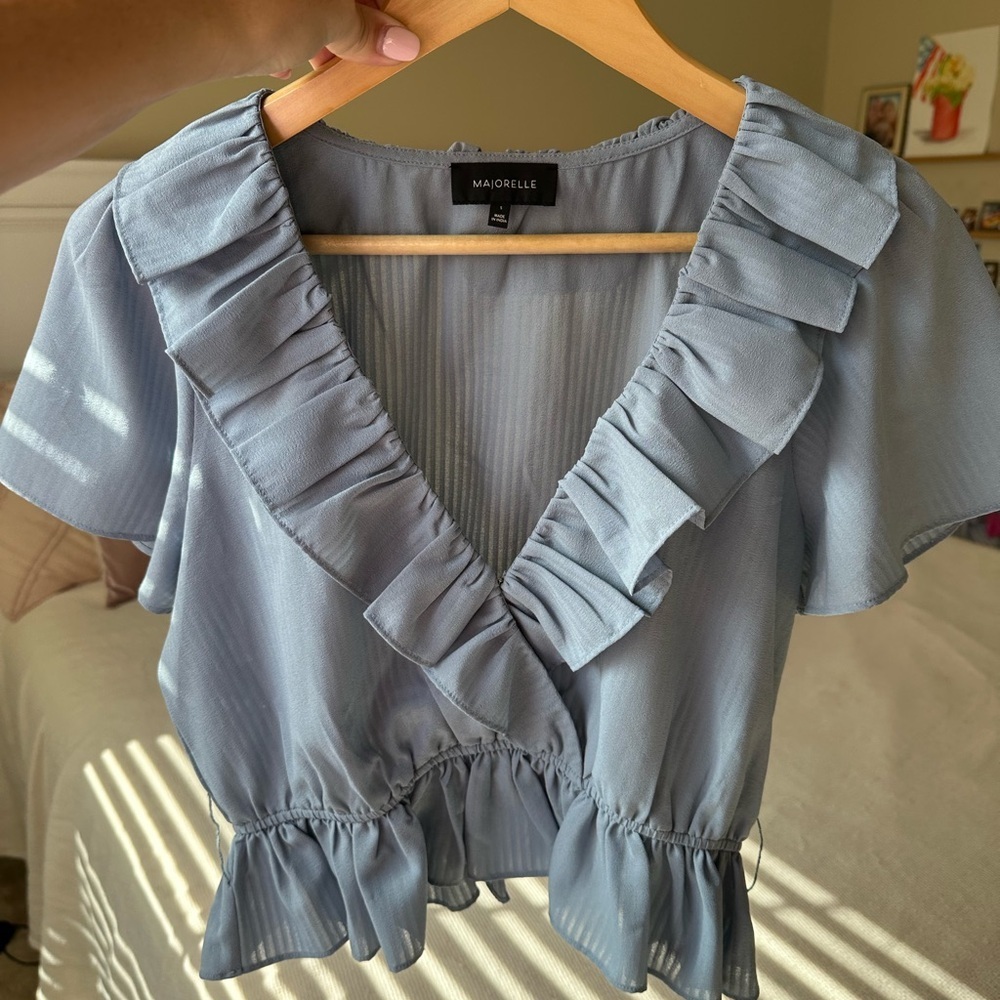 MAJORELLE Revolve Light Blue Ruffle Cottagecore Blouse